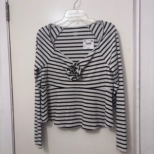 American Eagle Outfitters Black and White Striped Long-Sleeve Top with Rosette